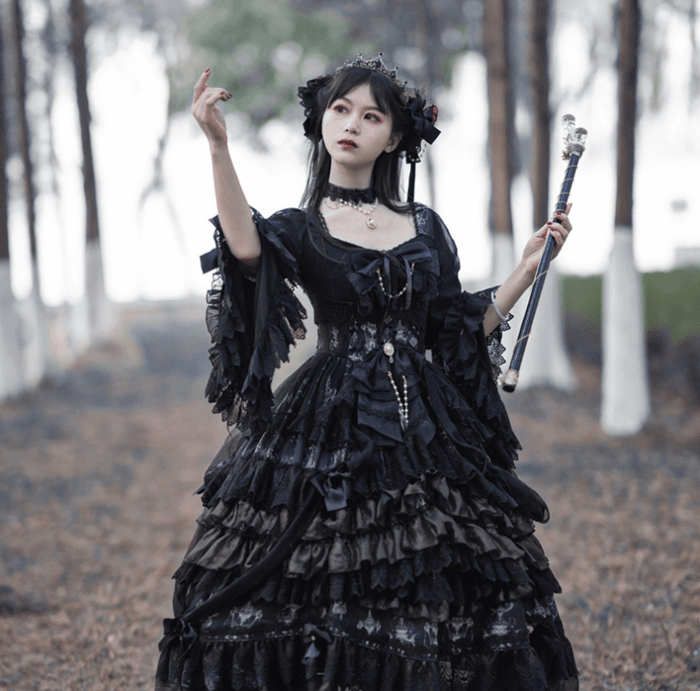 ロリータファッション【ゴスロリ】ウェディングナイト ナイトブラックドレス