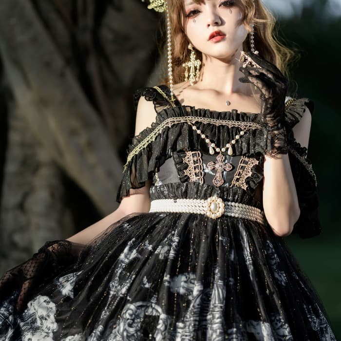 ロリータファッション 【クラシカルロリータ】クロスチャームフリルオフショルダーワンピース