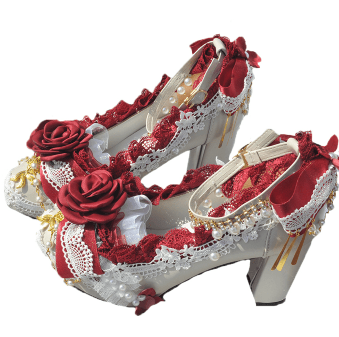 ロリータファッション 【クラシカルロリータ】クラシックレッドローズフリルレースハイヒール