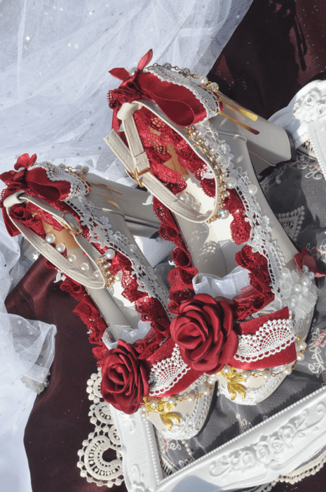 ロリータファッション 【クラシカルロリータ】クラシックレッドローズフリルレースハイヒール