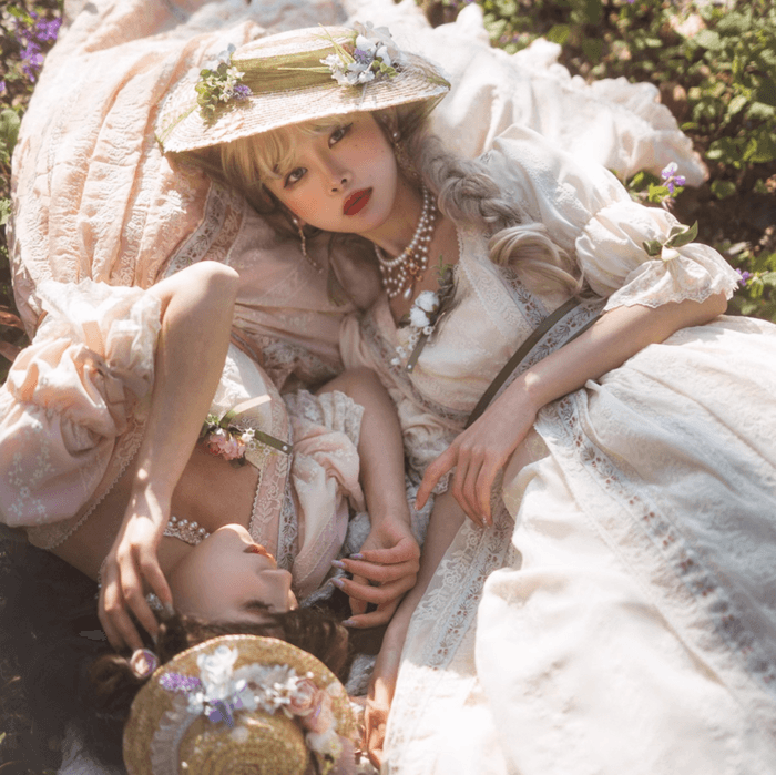 ロリータファッション 【クラシカルロリータ】フラワーラインレースガーデンデザインドレスワンピース