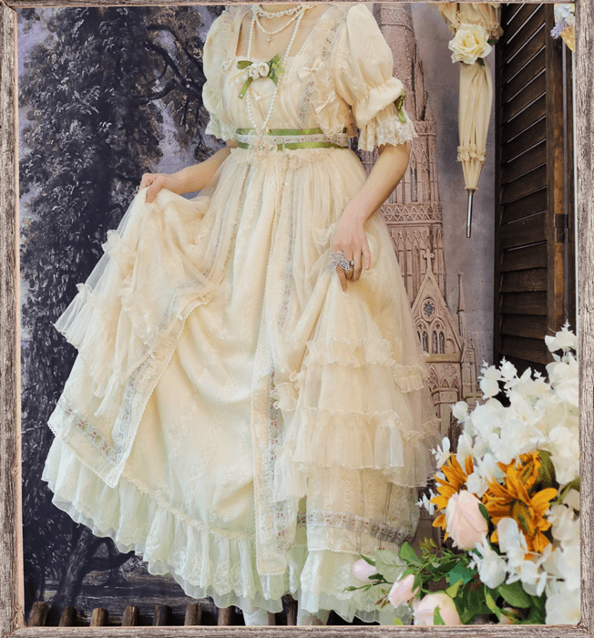 ロリータファッション 【クラシカルロリータ】フラワーラインレースガーデンデザインドレスワンピース