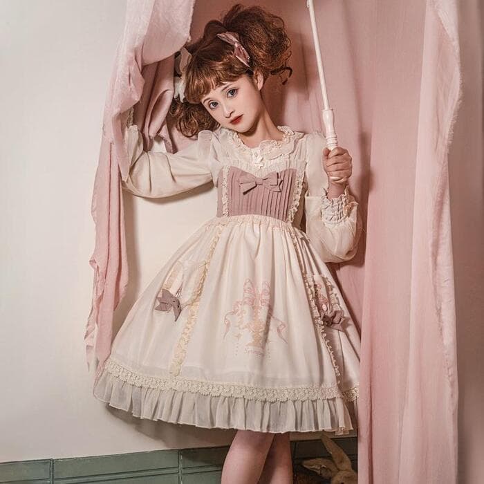 ロリータファッション 【甘ロリータ】メルヘンスイートグレージュピンクミニワンピース