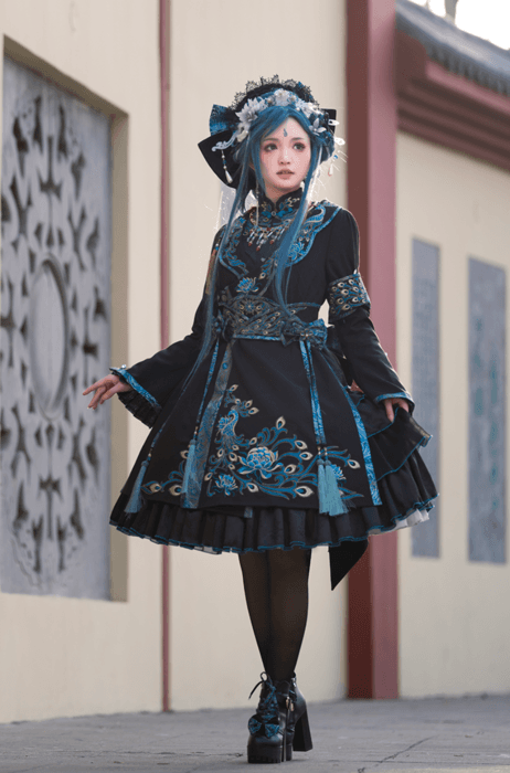 ロリータファッション 孔雀刺繍チャイナ風ワンピース