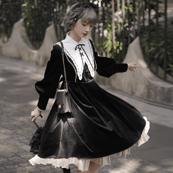 ロリータファッション 【ゴスロリ】シスターバルーンスリーブビッグカラードレスワンピース