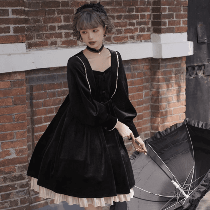 ロリータファッション 【ゴスロリ】シスターバルーンスリーブビッグカラードレスワンピース