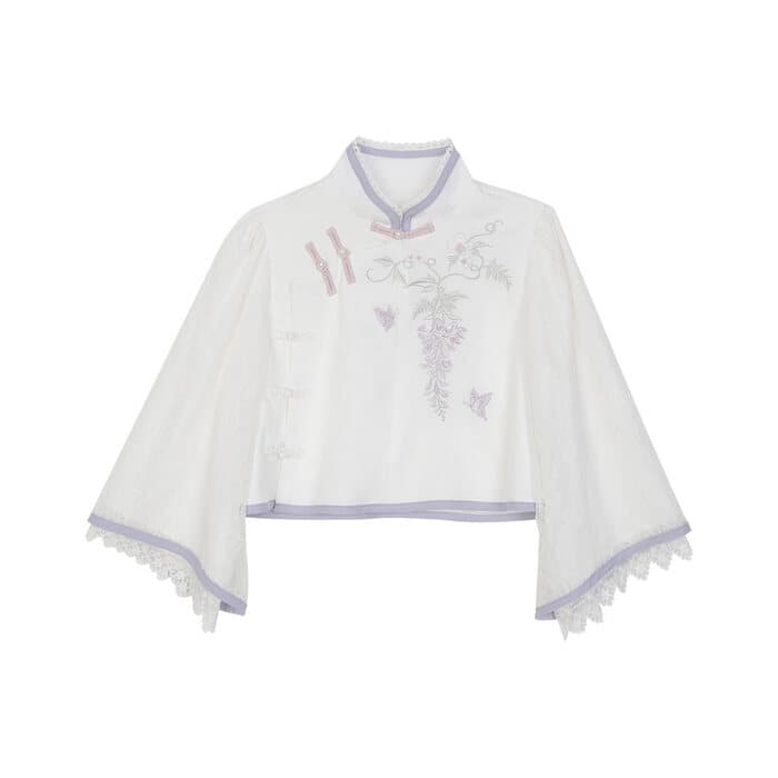 ロリータファッション 【中華ロリータ】パステルパープルレースホワイトチャイナドレス