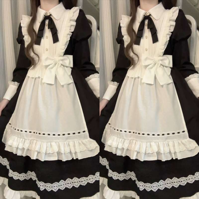 ロリータファッション【ゴスロリ】 フリルレースメイド風ワンピース