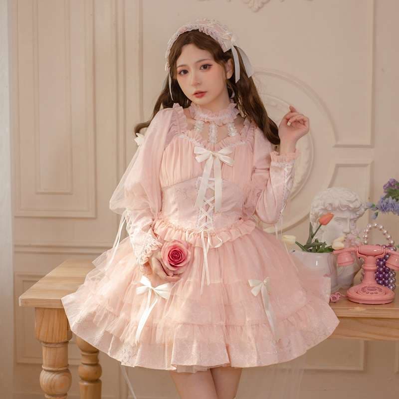 ロリータファッション 【ゴスロリ】 リボン飾りゴシックロリータワンピース