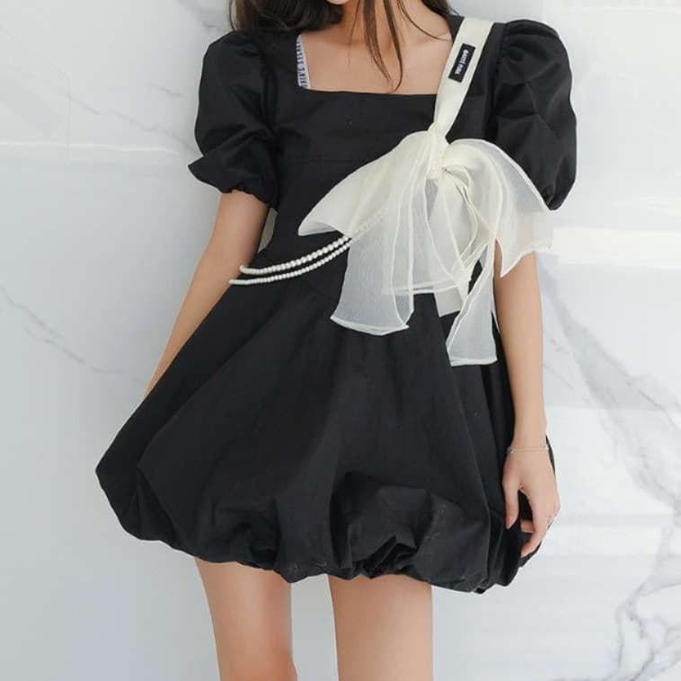 ロリータファッション 【クラシカルロリータ】 真珠飾り付きリボンパフスリーブドレス