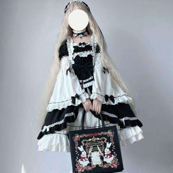 ロリータファッション 【ゴスロリ】姫袖フリルレース重ね襟ワンピース