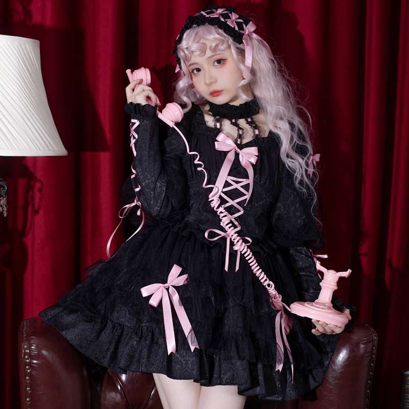 ロリータファッション 【ゴスロリ】 リボン飾りゴシックロリータワンピース