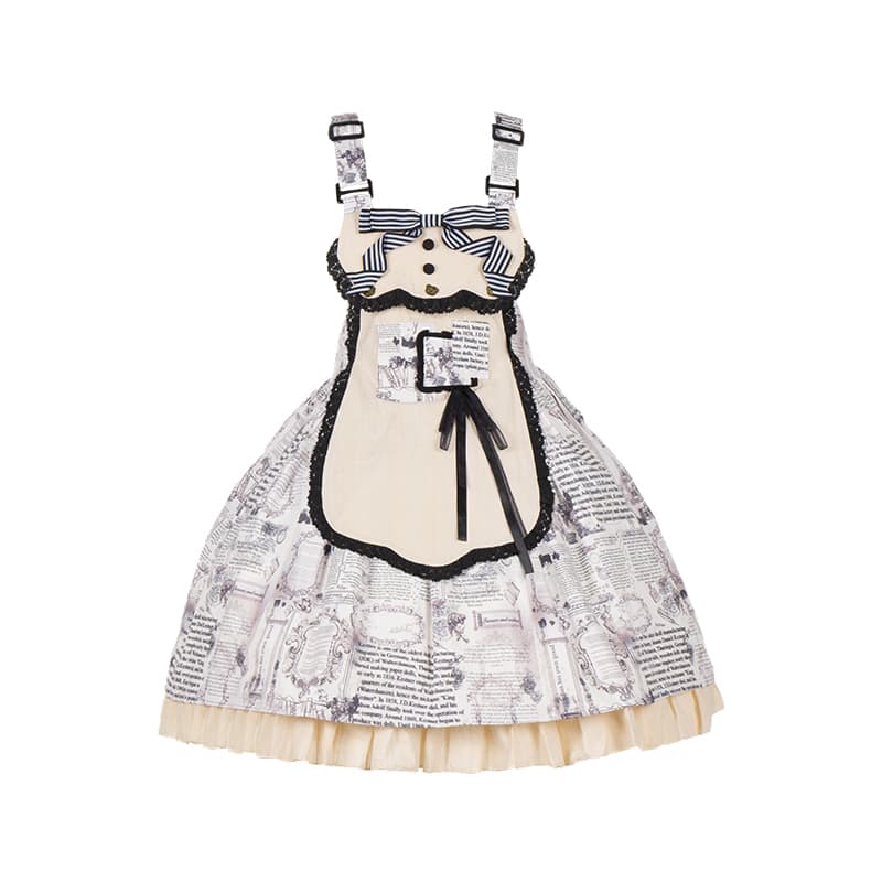 ロリータファッション 【クラシカルロリータ】 新聞柄襟付きレース飾りジャンパースカート