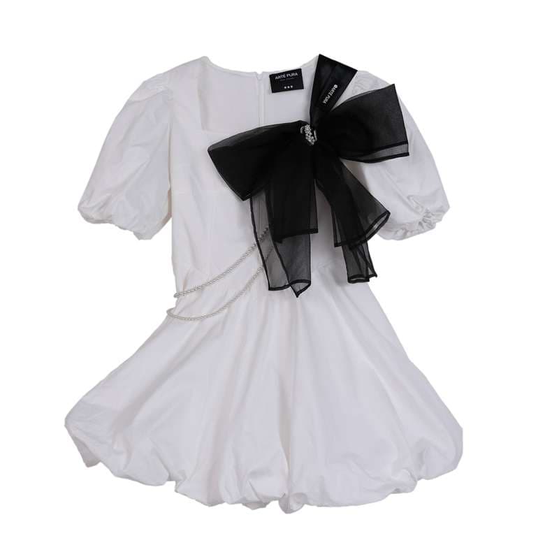 ロリータファッション 【クラシカルロリータ】 真珠飾り付きリボンパフスリーブドレス