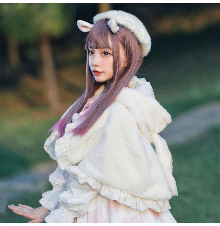 ロリータファッション 【甘ロリータ】うさぎ耳ベレー帽付きフリル襟ワンピース
