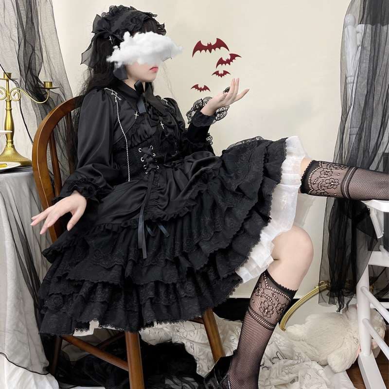 ロリータファッション 【ゴスロリ】十字架刺繍レースドレスワンピース