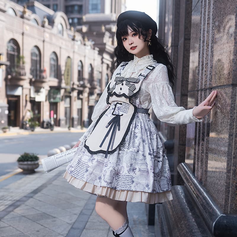 ロリータファッション 【クラシカルロリータ】 新聞柄襟付きレース飾りジャンパースカート