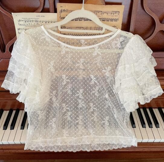 ロリータファッション クラシカルロリータ 透け感半袖ブラウス フリル袖