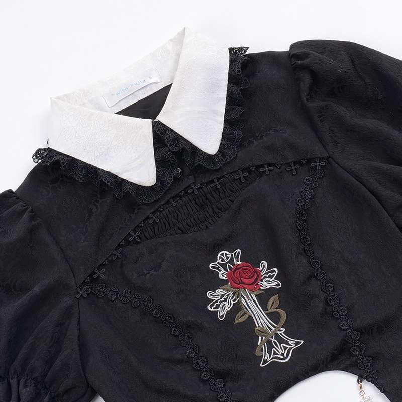 ロリータファッション 【ゴスロリ】クロス刺繍ゴシックドレスセット