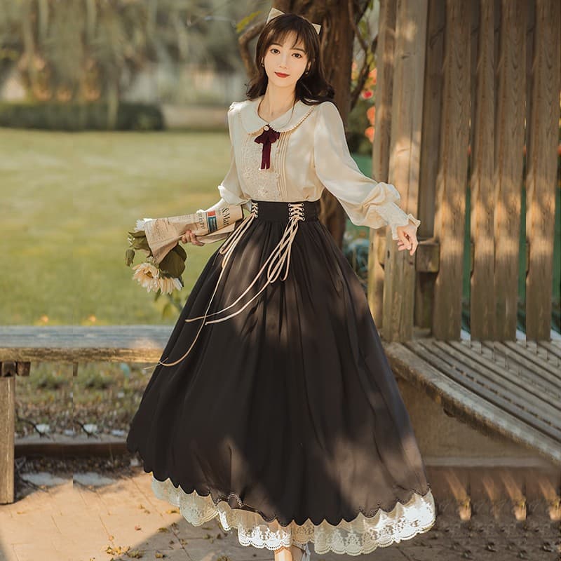 ロリータファッション 【クラシカルロリータ】 姫袖レース付きブラウススカートセット
