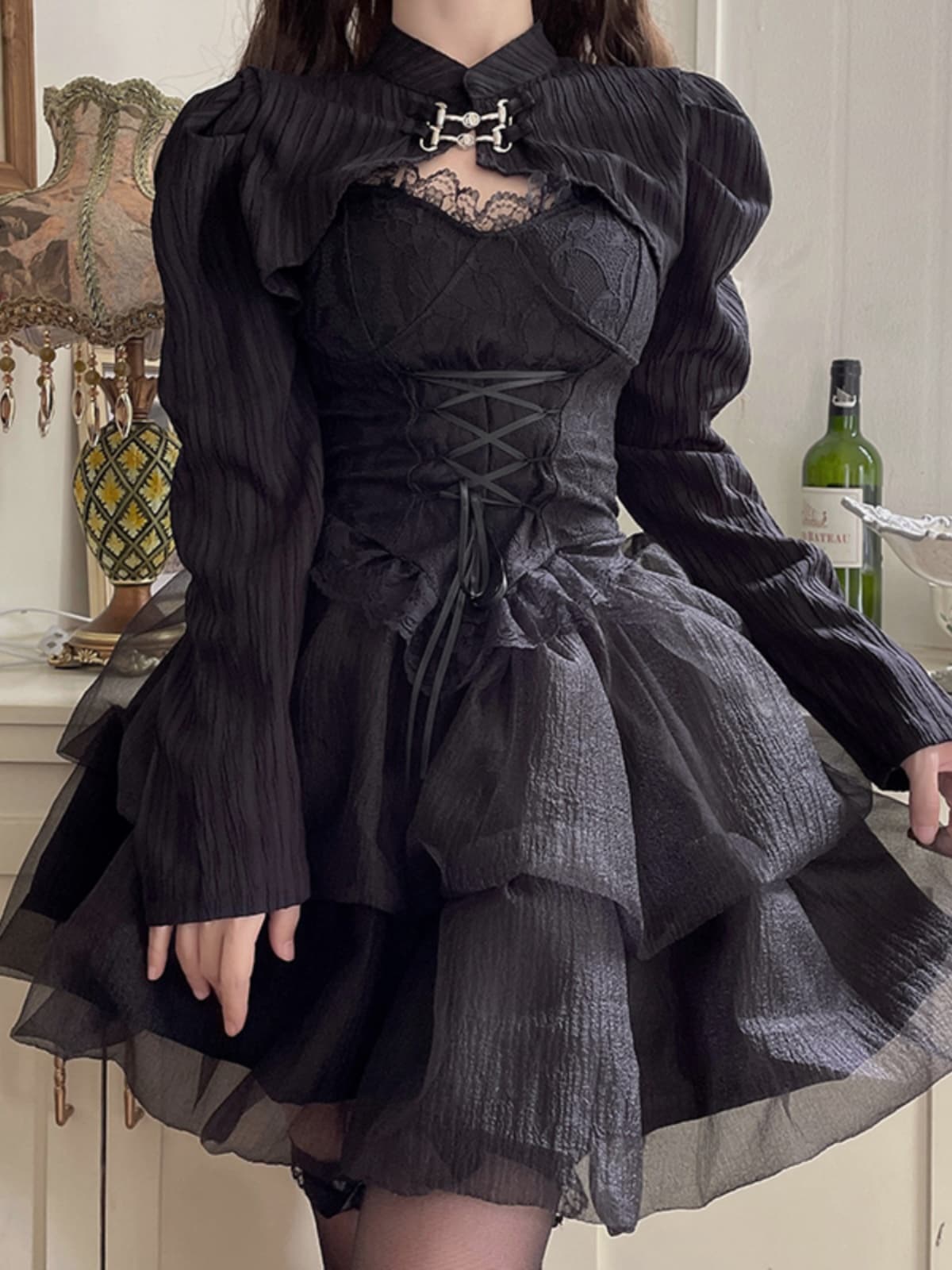 ロリータファッション【ゴスロリ】レース付きティアードスカートセット