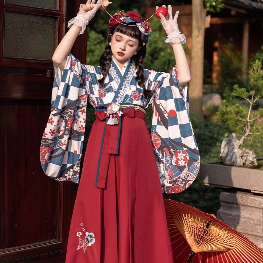 ロリータファッション 【和風ロリータ】蝶舞う着物袴風ロリータ衣装