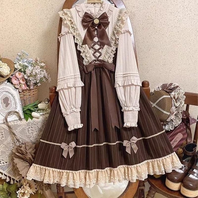 ロリータファッション 編み上げリボン付き縦縞柄長袖姫様風一着