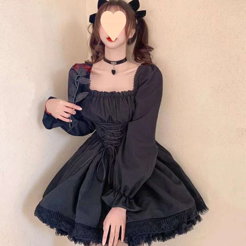 ロリータファッション 【ゴスロリ】ふんわりゴシック姫袖ワンピース