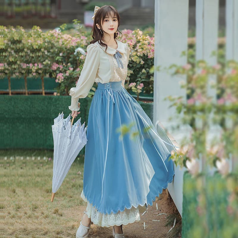 ロリータファッション 【クラシカルロリータ】 姫袖レース付きブラウススカートセット