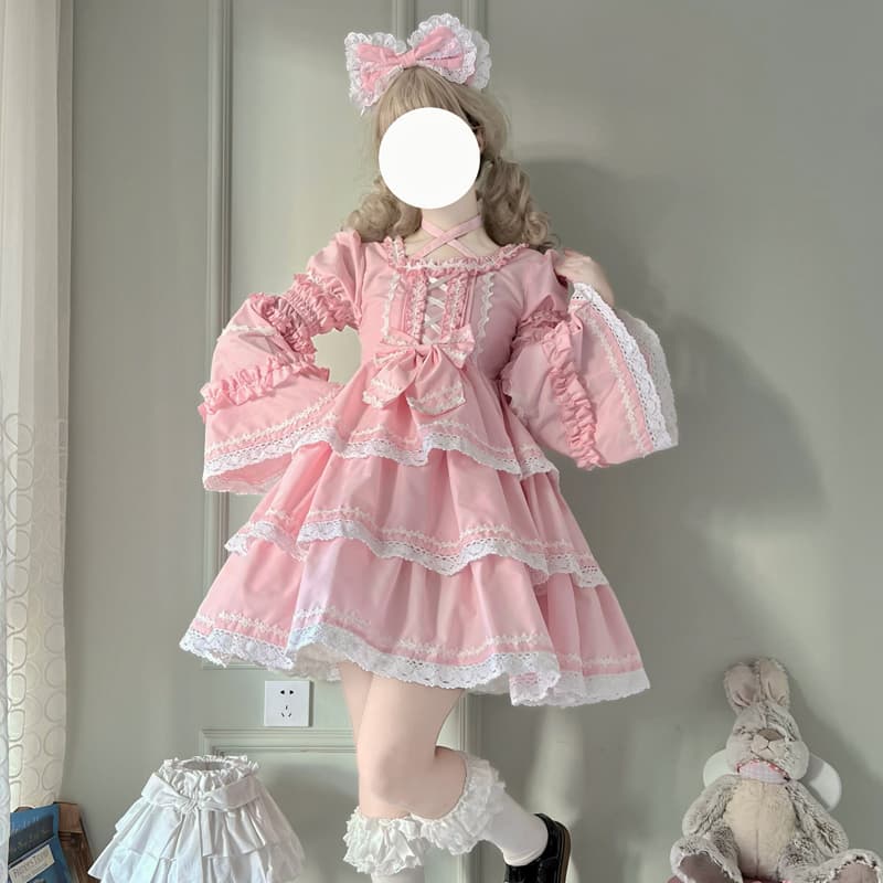 ロリータファッション 【クラシカルロリータ】ふんわり姫袖 レース重ねワンピース