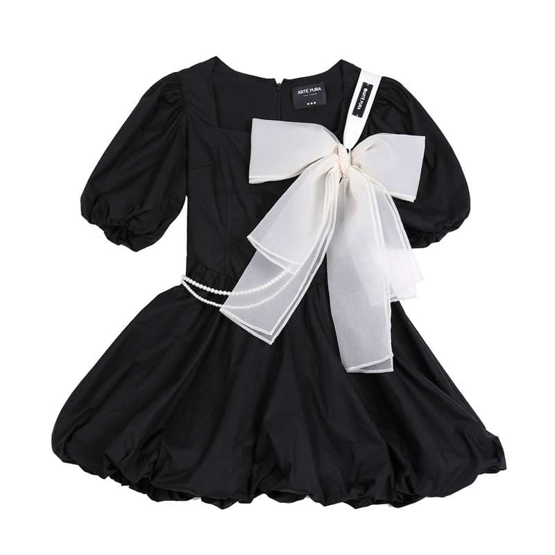 ロリータファッション 【クラシカルロリータ】 真珠飾り付きリボンパフスリーブドレス