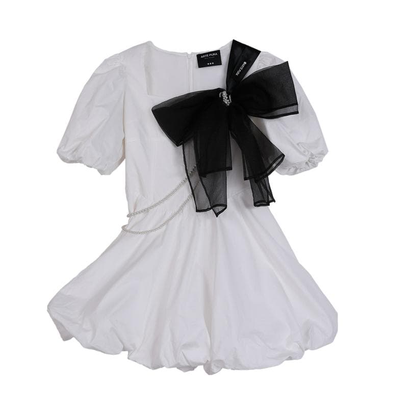 ロリータファッション 【クラシカルロリータ】 真珠飾り付きリボンパフスリーブドレス