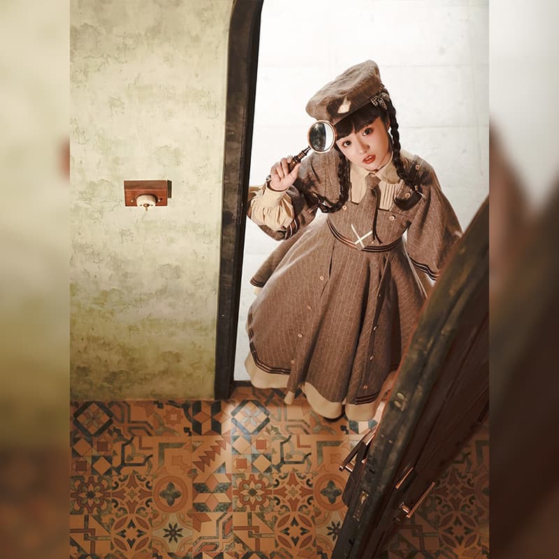 ロリータファッション 探偵風襟付きベストセット長袖ワンピース