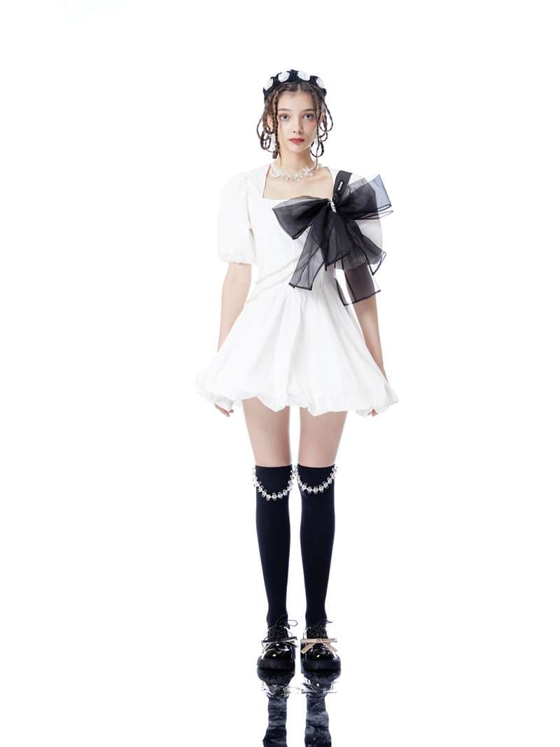 ロリータファッション 【クラシカルロリータ】 真珠飾り付きリボンパフスリーブドレス