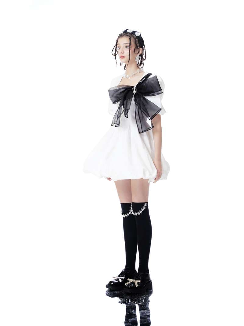 ロリータファッション 【クラシカルロリータ】 真珠飾り付きリボンパフスリーブドレス