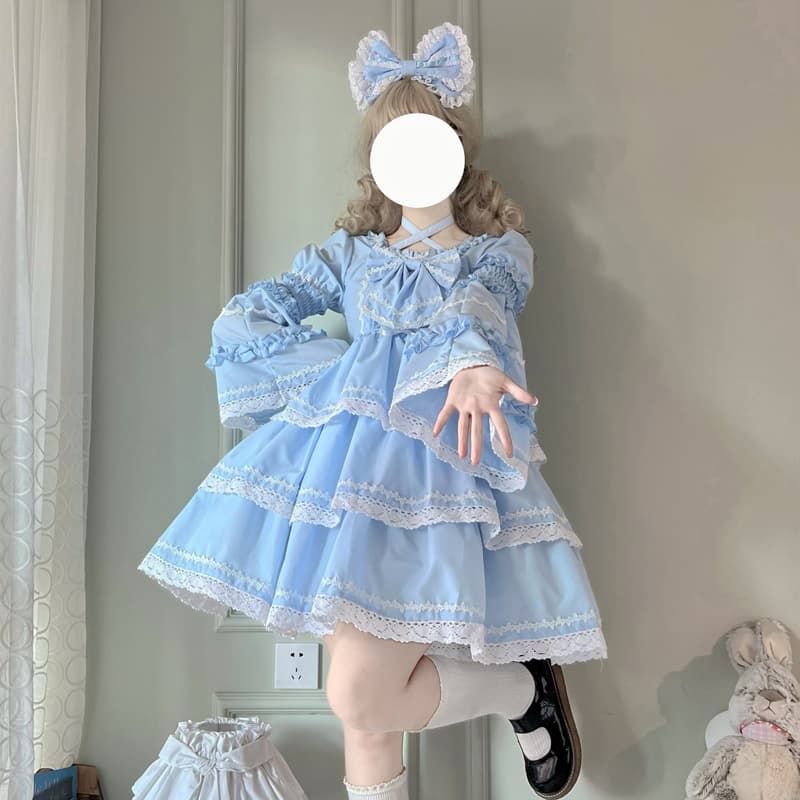 ロリータファッション 【クラシカルロリータ】ふんわり姫袖 レース重ねワンピース