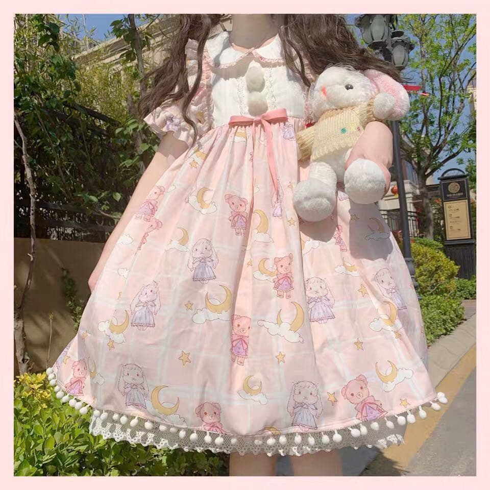 ロリータファッション【甘ロリータ】夢かわランダムテディベアセンターリボンミニワンピース
