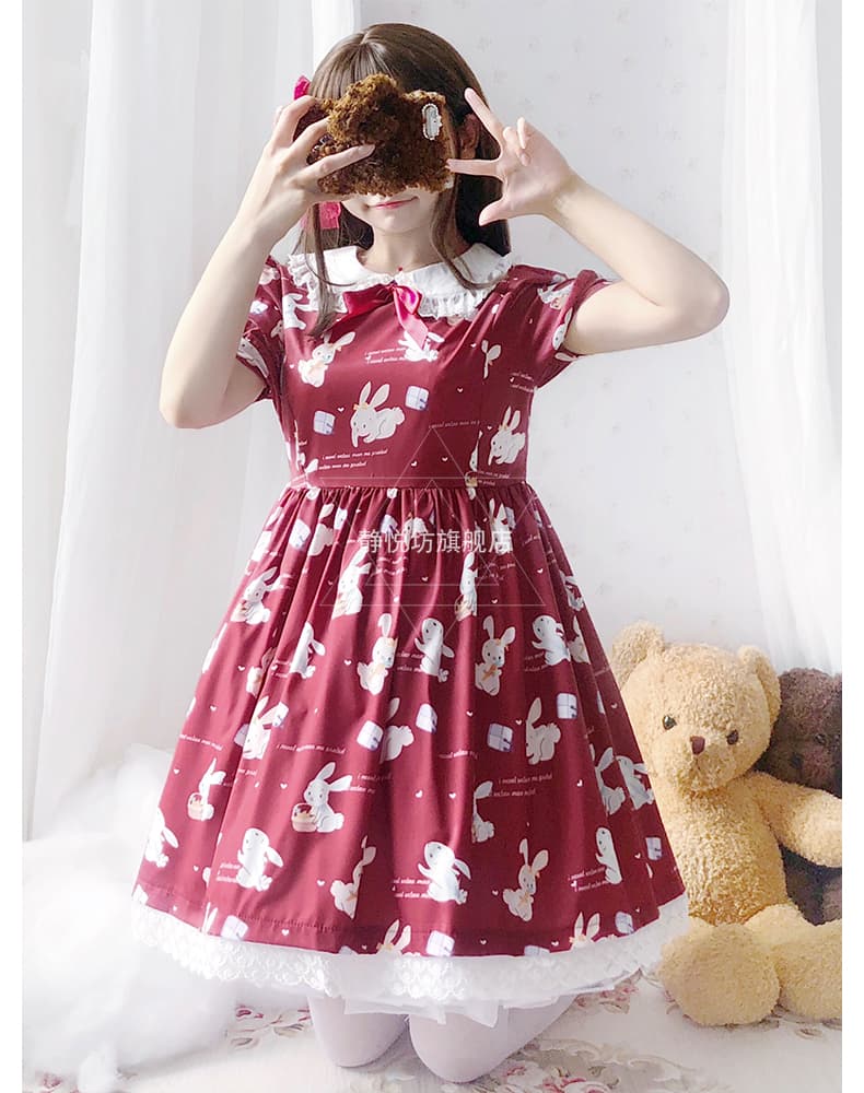 ロリータファッション【甘ロリータ】パフスリーブラビットガーリーミニワンピース