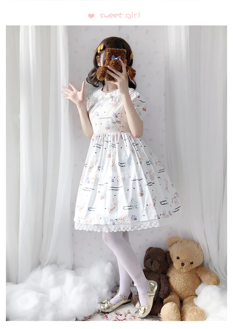 ロリータファッション【甘ロリータ】パフスリーブラビットガーリーミニワンピース