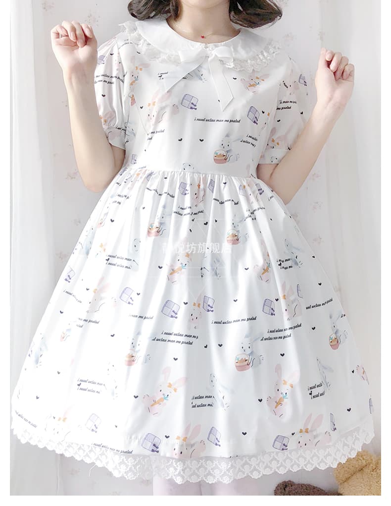 ロリータファッション【甘ロリータ】パフスリーブラビットガーリーミニワンピース