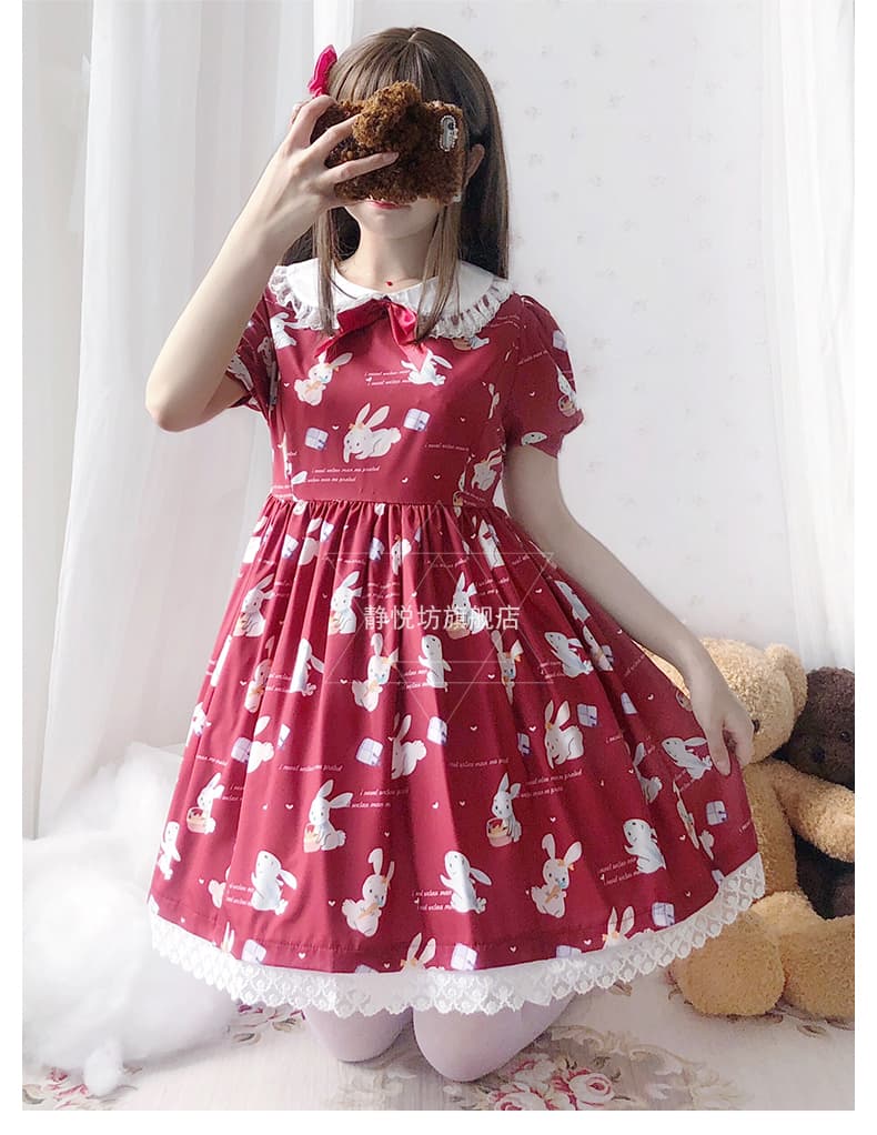 ロリータファッション【甘ロリータ】パフスリーブラビットガーリーミニワンピース