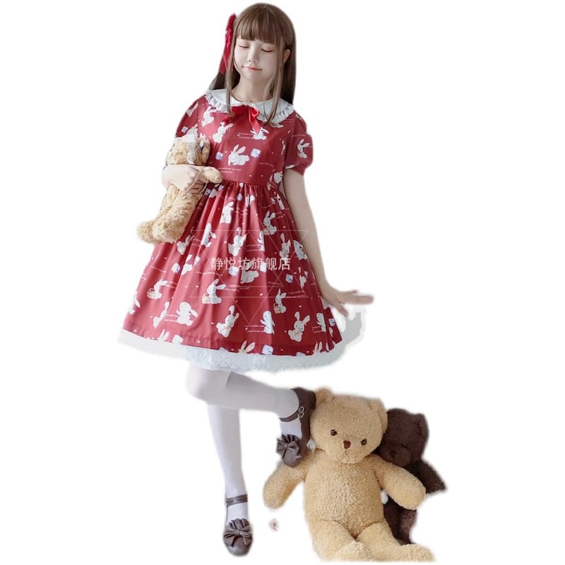 ロリータファッション【甘ロリータ】パフスリーブラビットガーリーミニワンピース