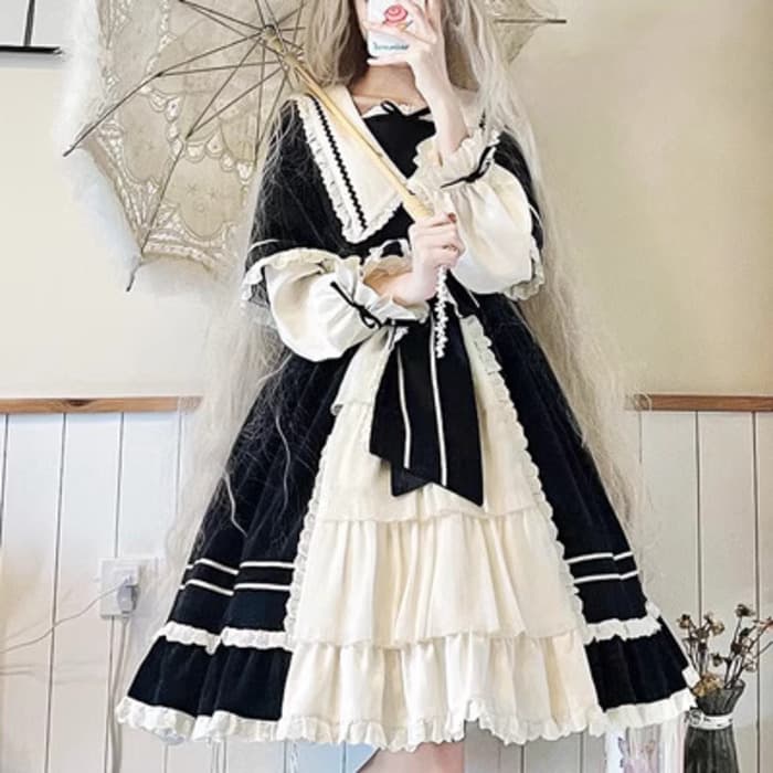 ロリータファッション 【甘ロリータ】フリルラインキャンディスリーブビッグカラードレスワンピース