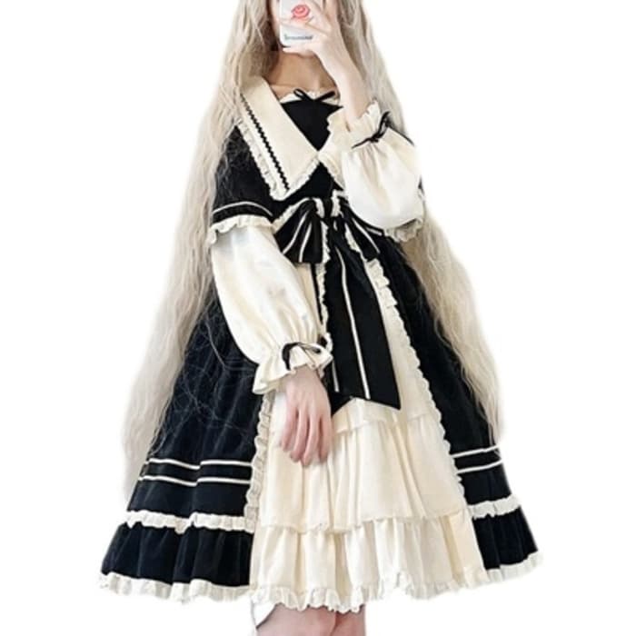 ロリータファッション 【甘ロリータ】フリルラインキャンディスリーブビッグカラードレスワンピース