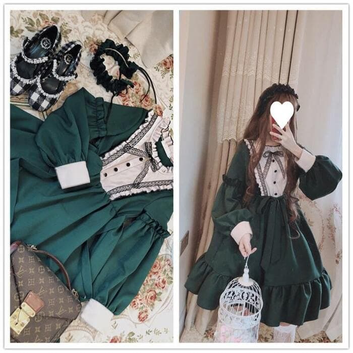 ロリータファッション 【クラシカルロリータ】レトロドールグリーンドレスワンピース