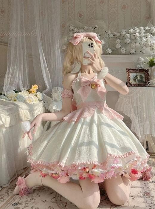 ロリータファッション 【甘ロリータ】夏の花嫁・甘ロリータホワイトワンピース