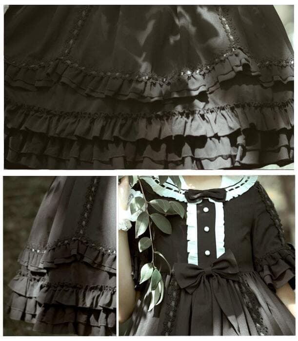 ロリータファッション 【ゴスロリ】モノクロフリルスリーブハイウエストブラックドレスワンピース