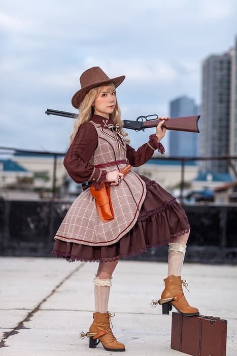 ロリータファッション 【スチームパンク】シンプルチェックブラウンジャンパースカートワンピース