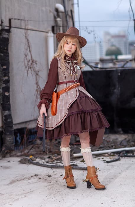 ロリータファッション 【スチームパンク】シンプルチェックブラウンジャンパースカートワンピース