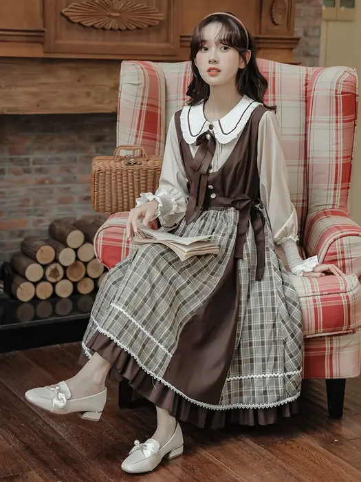 ロリータファッション 【クラシカルロリータ】英国ブラウンチェックアカデミックワンピース